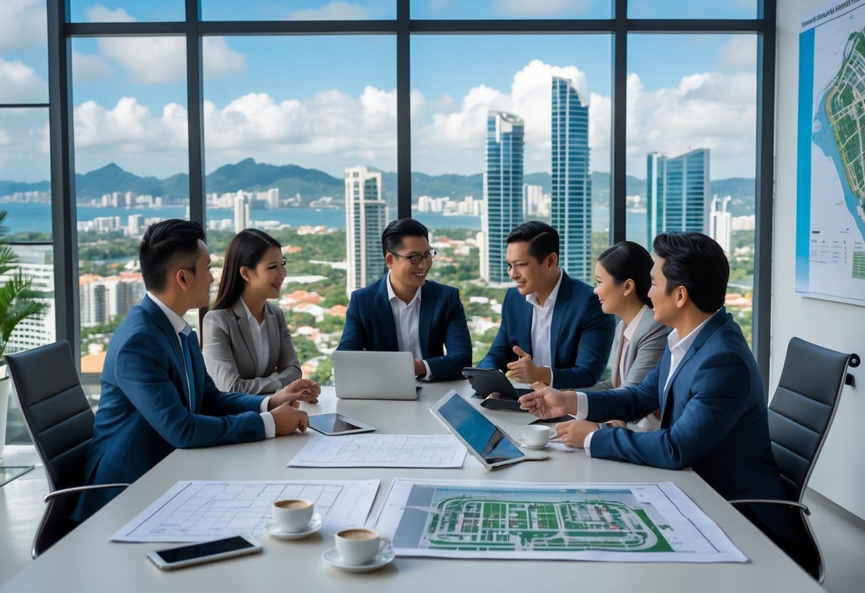 Business professionals gathered around a conference table reviewing real estate plans with a city view in the background.
