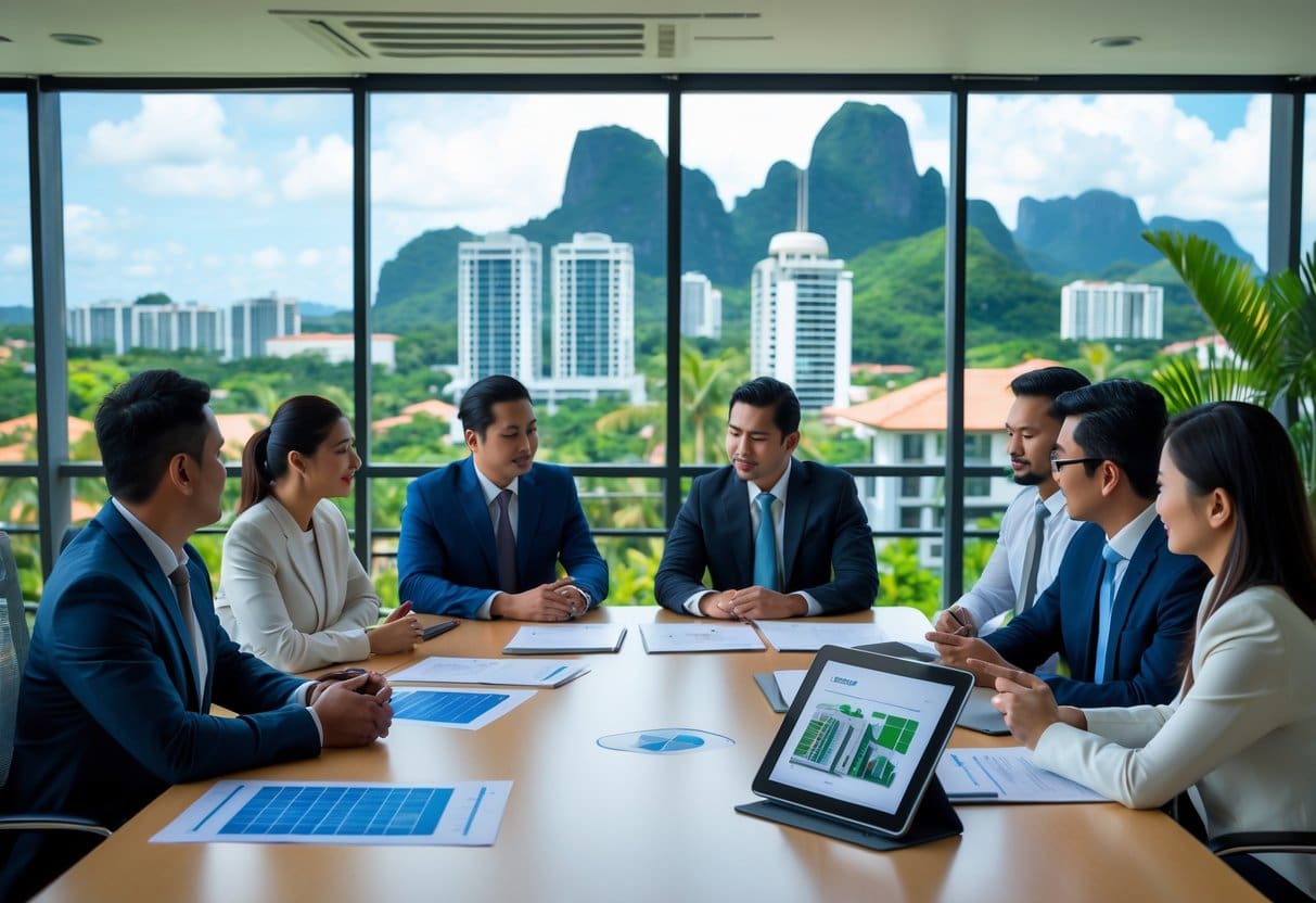 A group of business professionals having a meeting around a table with documents and laptops, overlooking a cityscape with tropical greenery.