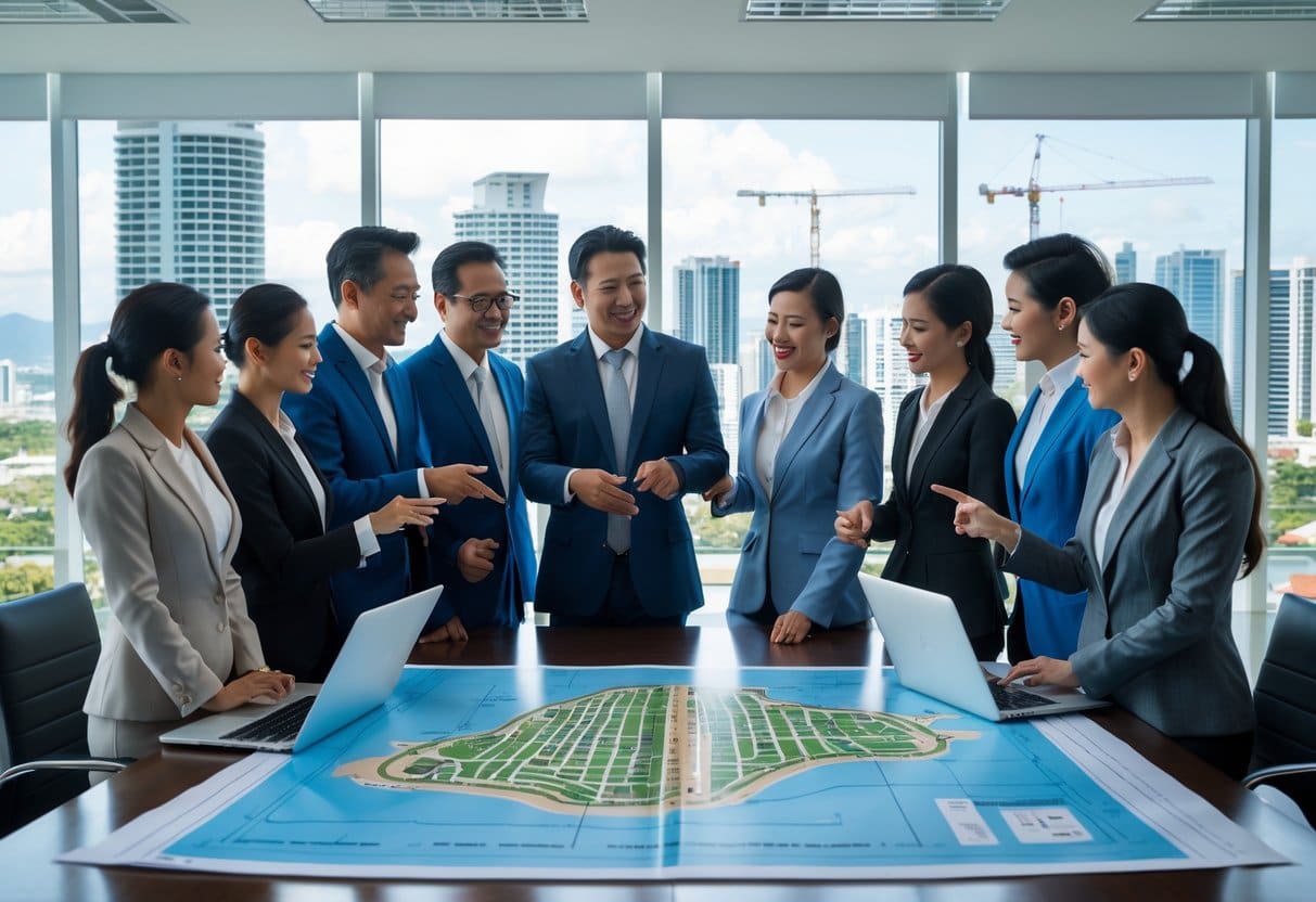 A group of professionals in a meeting room discussing real estate plans with blueprints and a map of Cebu on the table.