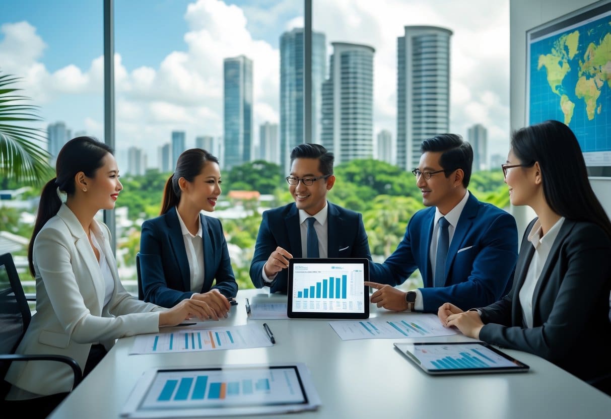 Four business professionals having a meeting around a conference table with laptops and documents, overlooking a cityscape with modern buildings and greenery.
