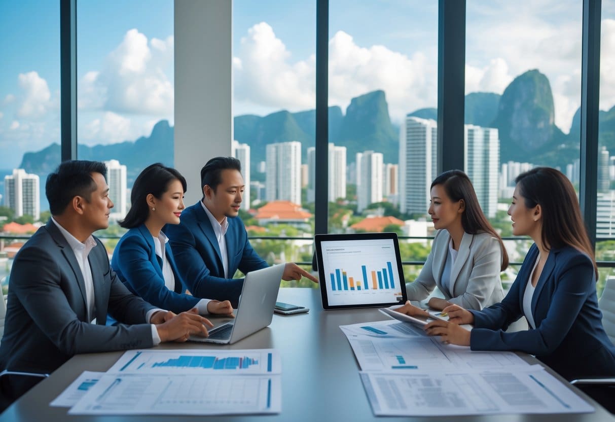 Four professionals having a business meeting around a conference table with laptops and documents, overlooking a cityscape with buildings and coastline.