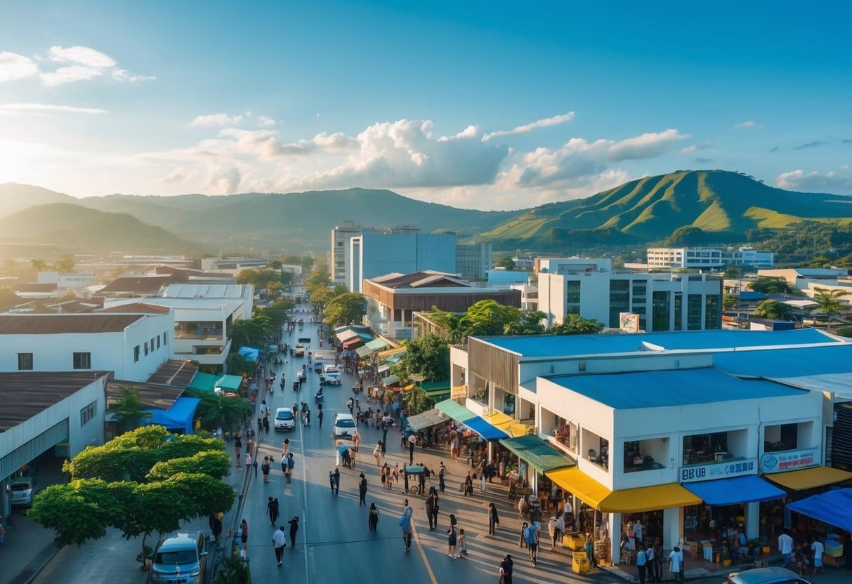 A lively provincial town in Cebu with modern buildings, people walking and shopping, green hills in the background, and clear blue skies.