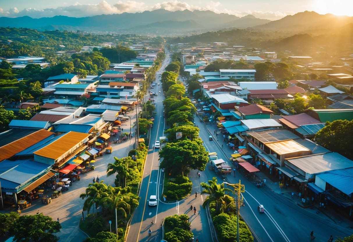 Aerial view of busy provincial towns in Cebu with buildings, markets, roads, and people going about their daily activities.