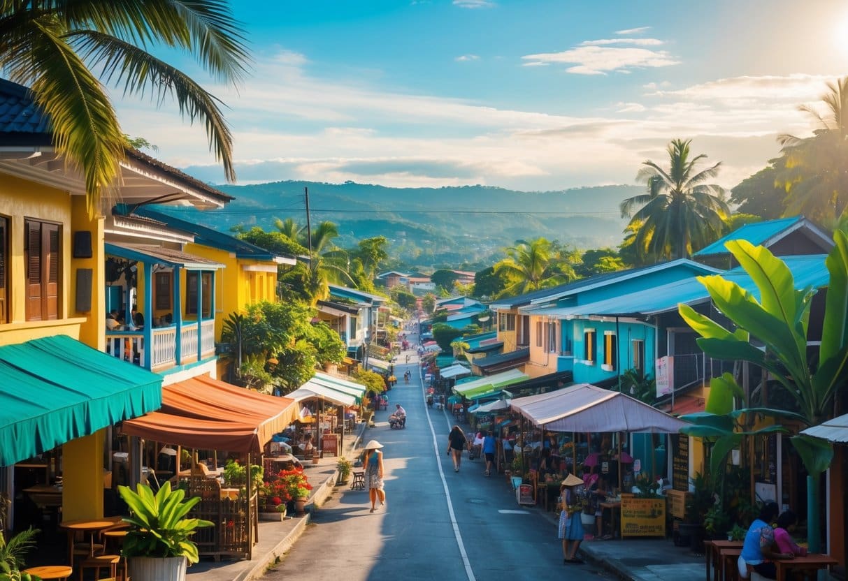 A lively provincial town in Cebu with colorful buildings, tropical plants, and people enjoying outdoor activities under a bright sky.