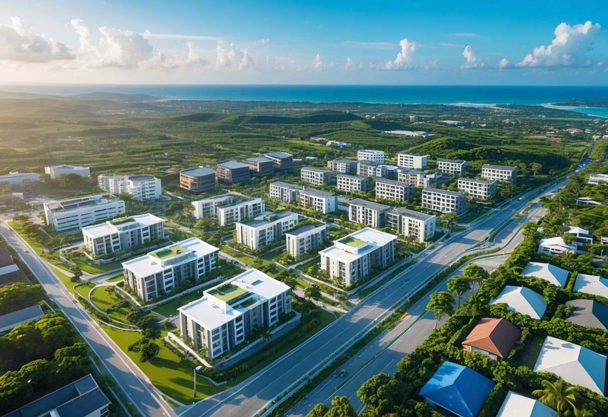 Aerial view of growing provincial towns in Cebu Province with buildings, roads, and greenery under clear blue skies.