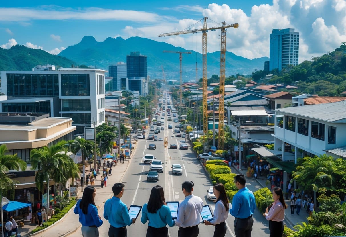 A busy provincial town in Cebu with modern buildings, construction activity, and professionals discussing plans outdoors.