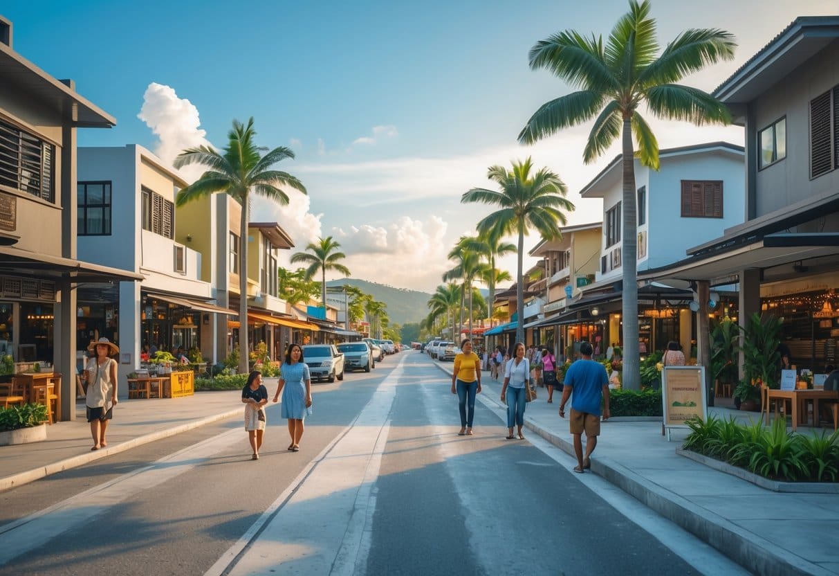 A busy provincial town in Cebu with modern and traditional buildings, people walking and shopping, and palm trees under a clear blue sky.