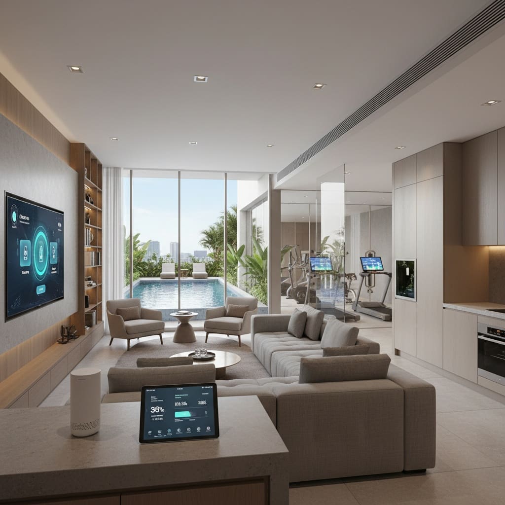 A modern Cebu condominium interior featuring an open-plan living space, sleek kitchen with stainless steel appliances, spacious bedrooms, a dedicated work nook, spa-inspired bathroom, and large windows with city views—showcasing the comfort, functionality, and lifestyle amenities that define contemporary condo living in Cebu.