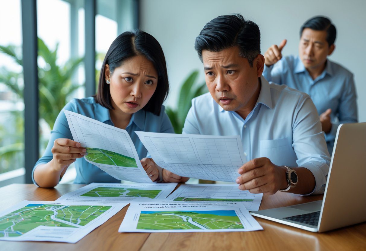 A Filipino couple reviewing land documents with a professional explaining details in an office.