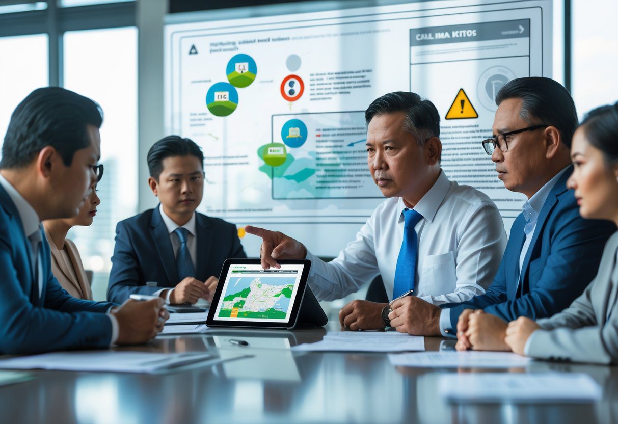 A group of Filipino professionals in a modern office reviewing land documents and digital maps during a serious business meeting.
