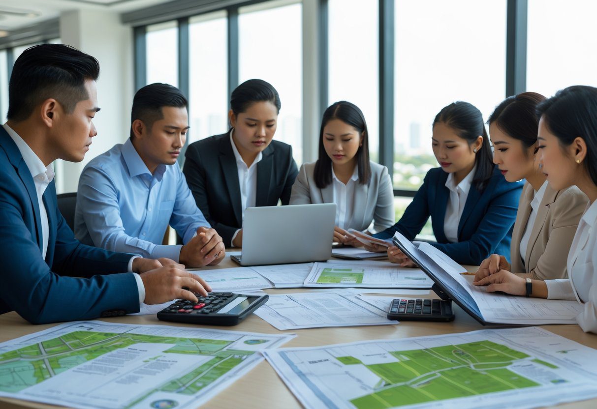 A group of professionals reviewing land documents and maps together in a bright office meeting room.