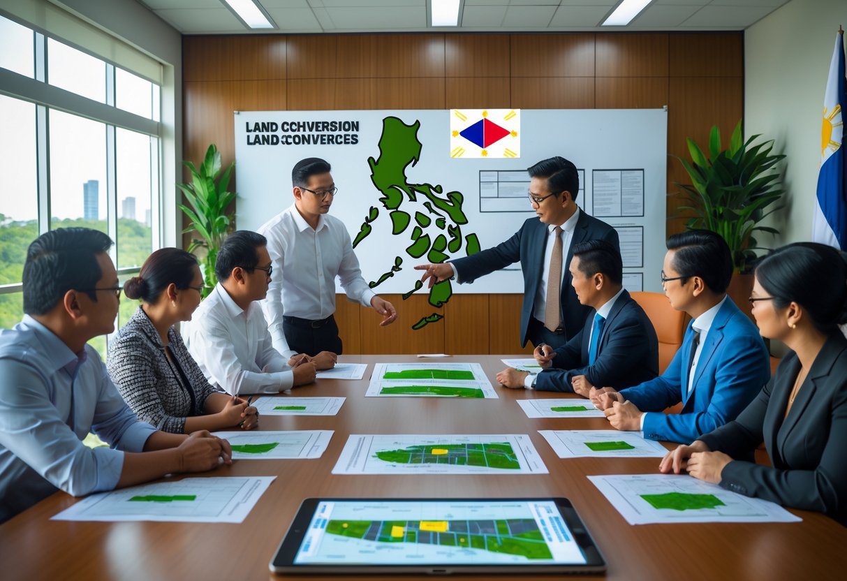 A group of Filipino professionals having a meeting around a table with maps and documents about land use in the Philippines.