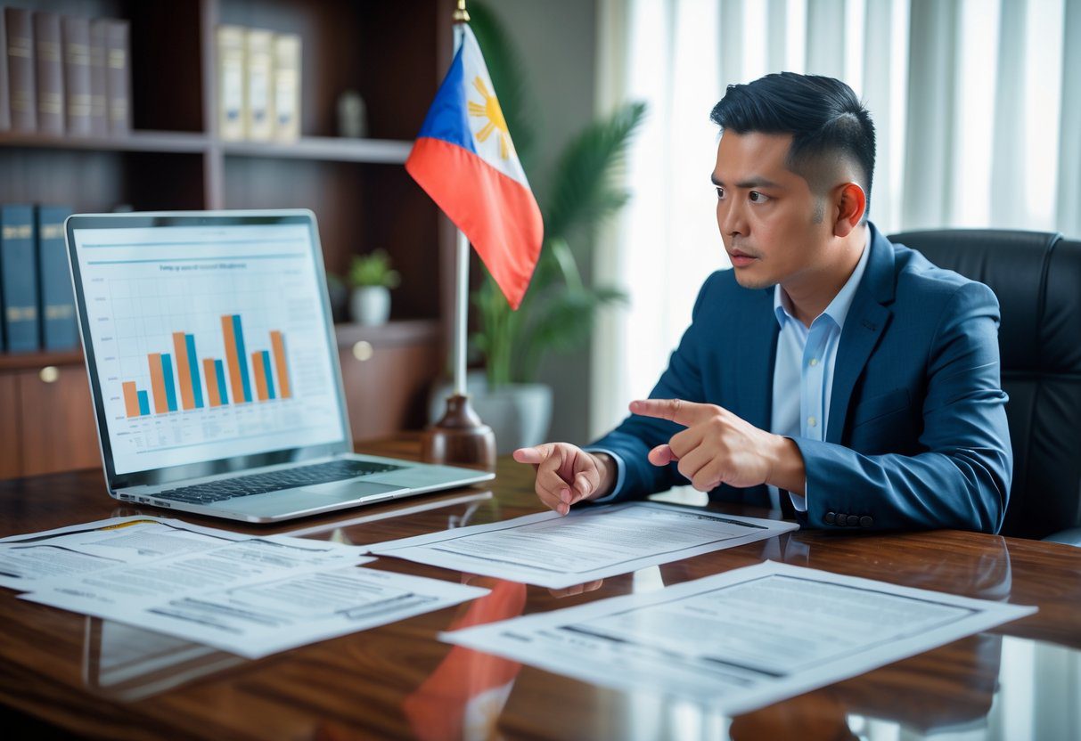 A person consulting a lawyer in an office with legal documents and a Philippine flag in the background.
