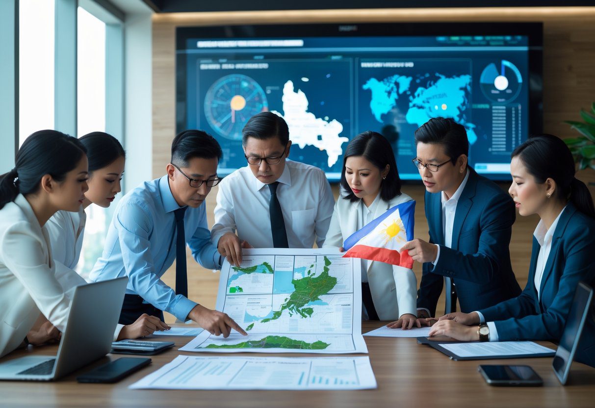 A group of professionals in an office reviewing maps and documents about land, discussing with serious expressions.