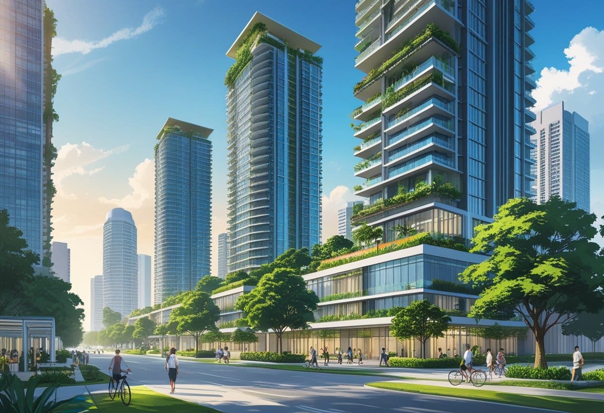 Young professionals and families enjoying modern amenities such as rooftop gardens, swimming pools, and gyms in a Cebu high-rise condo building, surrounded by city views and vibrant urban life—showcasing the convenience, sustainability, and lifestyle benefits of vertical living.
