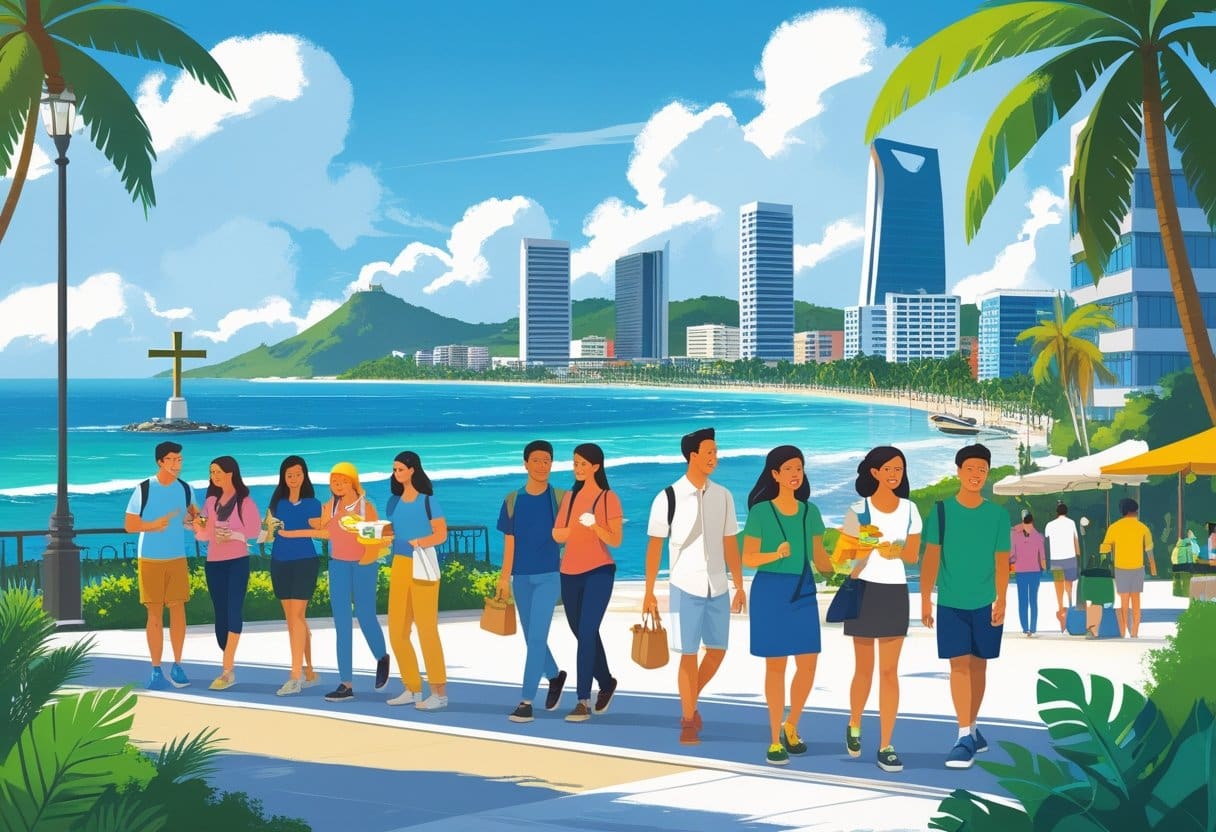 A lively city scene in Cebu City with diverse people enjoying the outdoors near landmarks, modern buildings, palm trees, and the coastline.