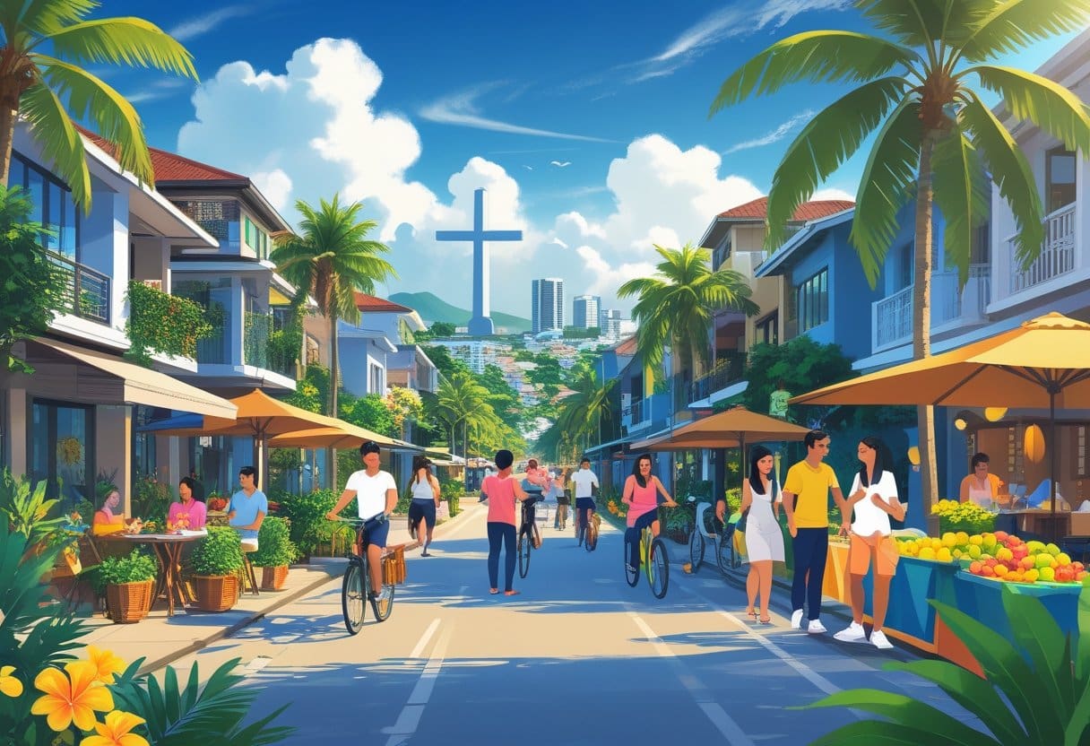 A lively neighborhood in Cebu City with diverse people enjoying outdoor activities among modern buildings, tropical plants, and iconic city landmarks.