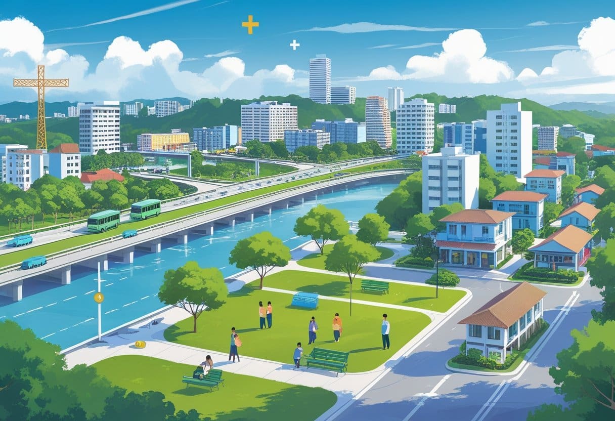 A vibrant city scene showing modern infrastructure, diverse people in a park, residential buildings, healthcare and education facilities, and iconic Cebu landmarks.