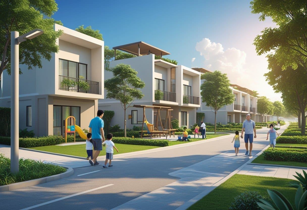 A neighborhood with modern homes, families enjoying a playground and picnic area, surrounded by trees and walkways.