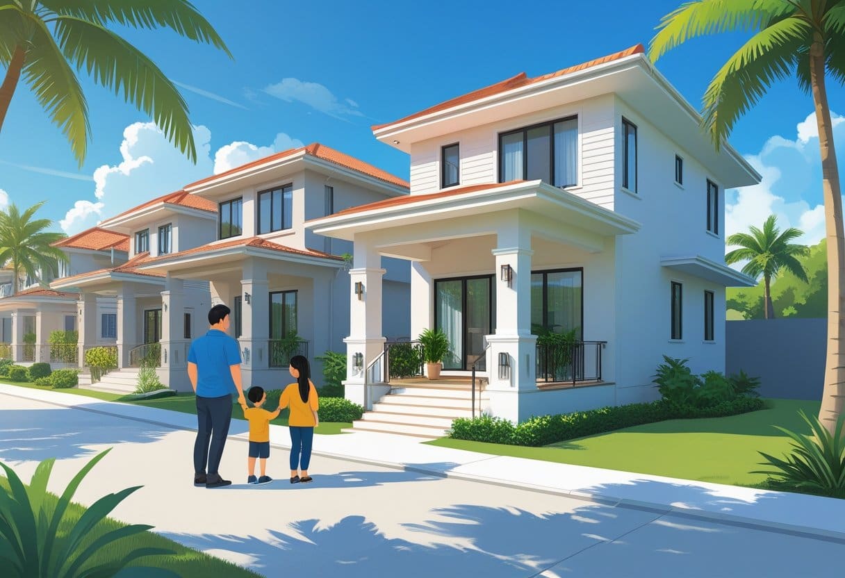 A family talking with a real estate agent in a tropical neighborhood with modern houses and palm trees.