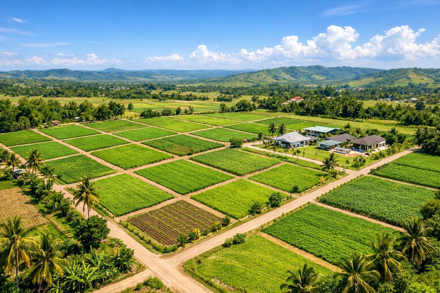 A wide view of a green farm subdivision with divided plots, dirt roads, tropical trees, and hills under a clear blue sky.