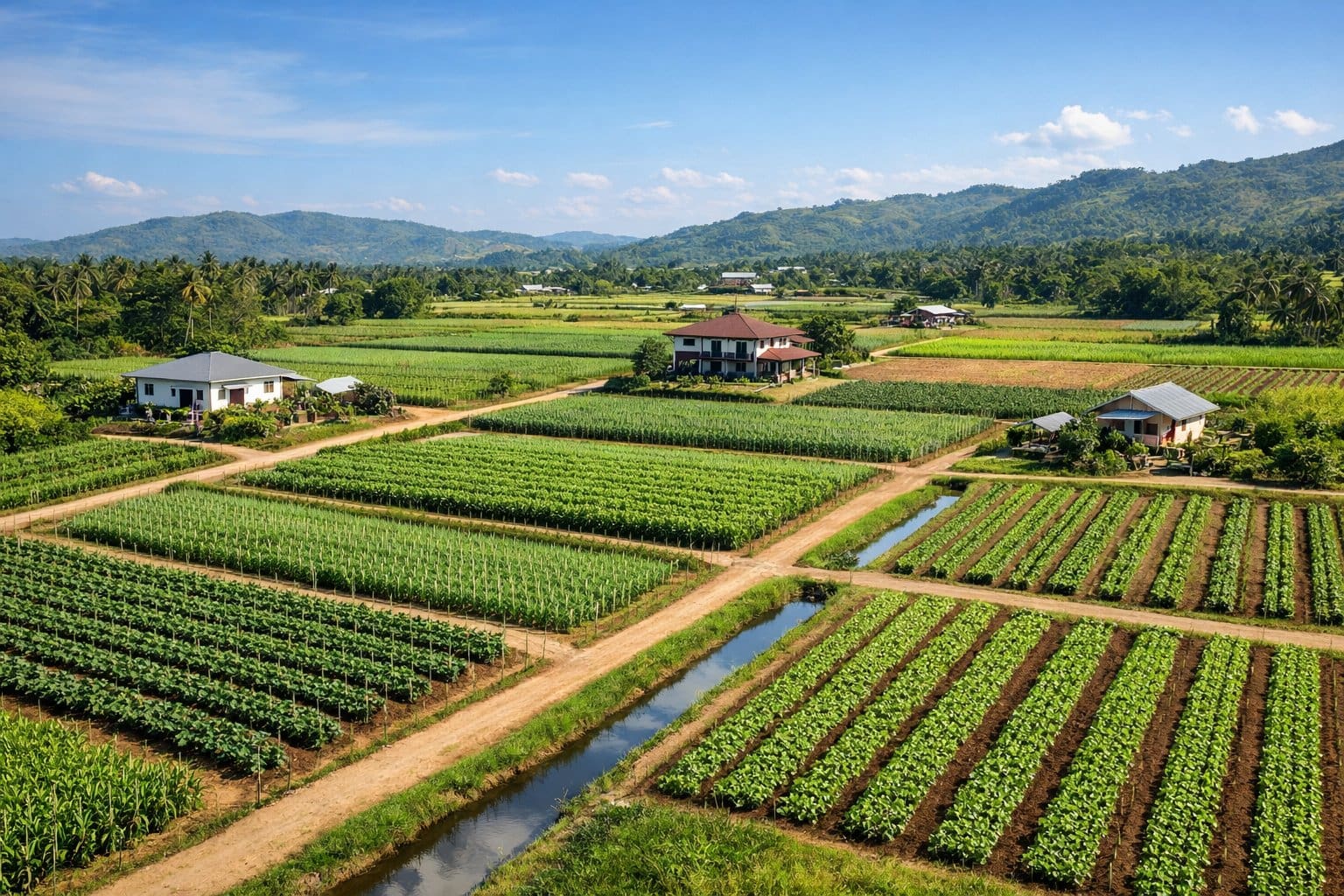 A wide view of a well-organized farm subdivision with neat crop rows, small buildings, and rolling hills under a clear sky.