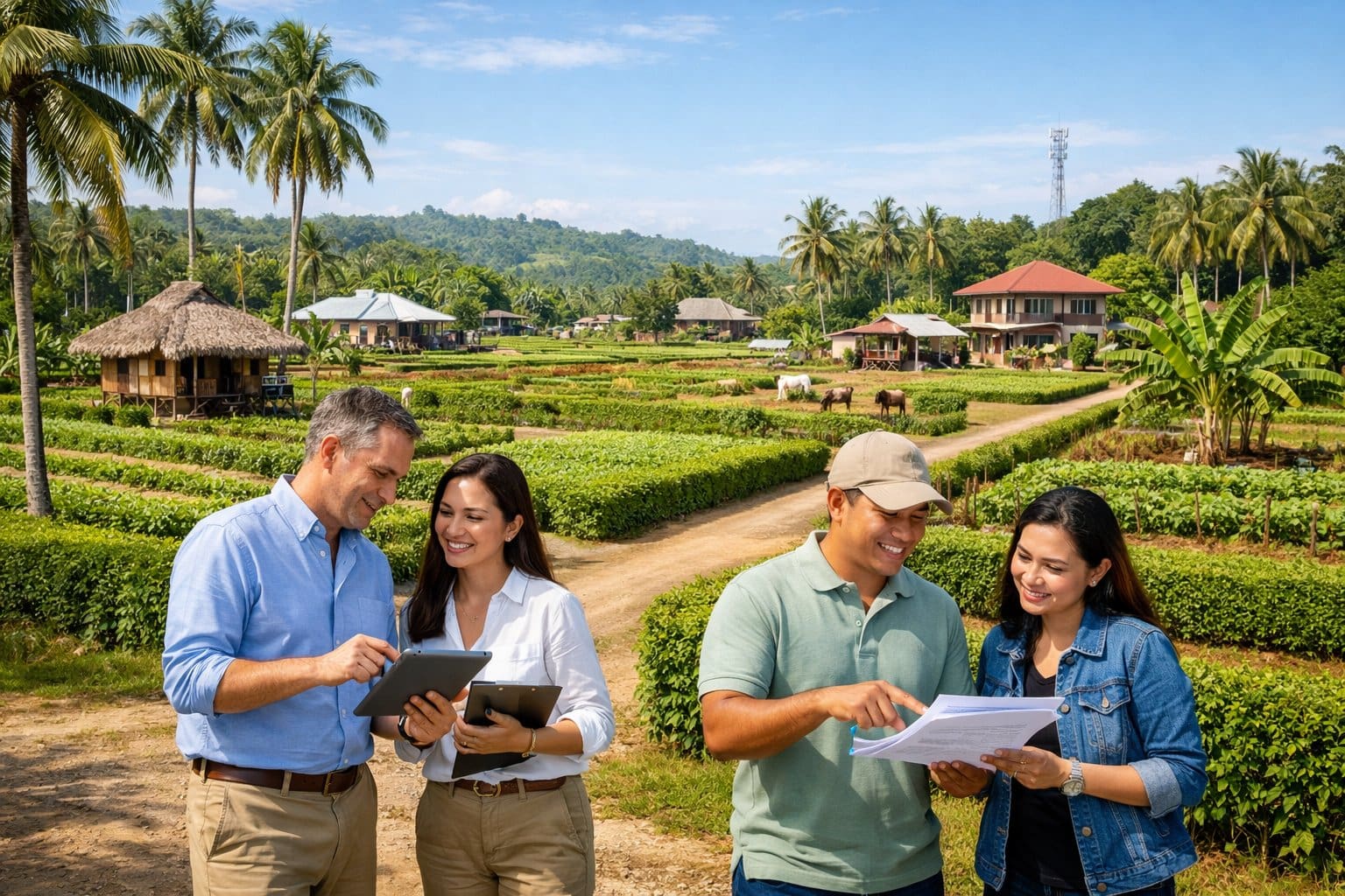 A farm subdivision in Cebu with green plots, palm trees, and people discussing plans outdoors.