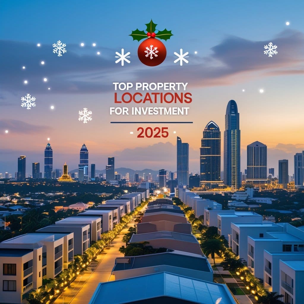 Cebu skyline with modern homes and Christmas-themed banner highlighting Cebu Christmas property investment deals 2025
