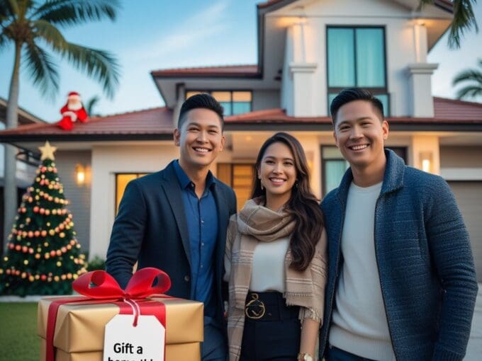 Smiling group in front of modern Cebu home with Christmas decorations and gift box promoting Cebu Christmas property investment deals 2025