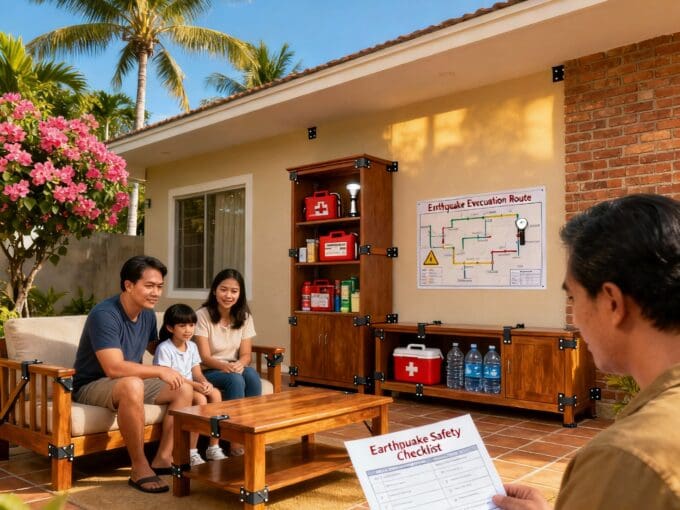 Family in Cebu reviewing the Cebu Earthquake Safety Checklist for Homeowners 2025 with emergency kits and an evacuation plan displayed outdoors.