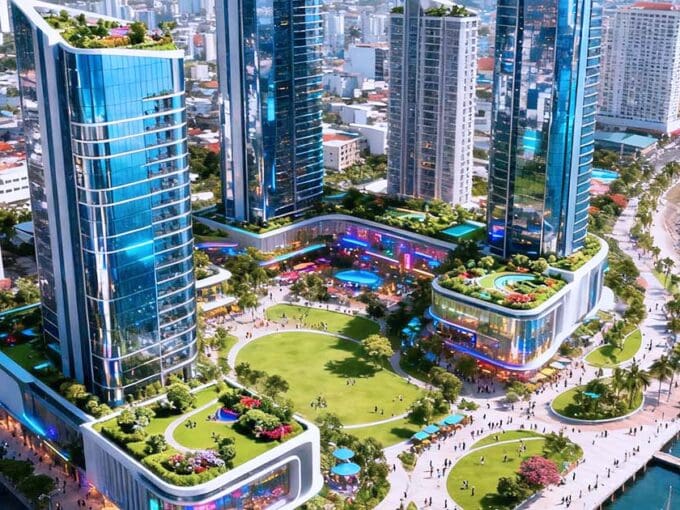 Modern waterfront development showcasing live-work-play communities in Cebu for professionals with green spaces, high-rise offices, and lifestyle areas.