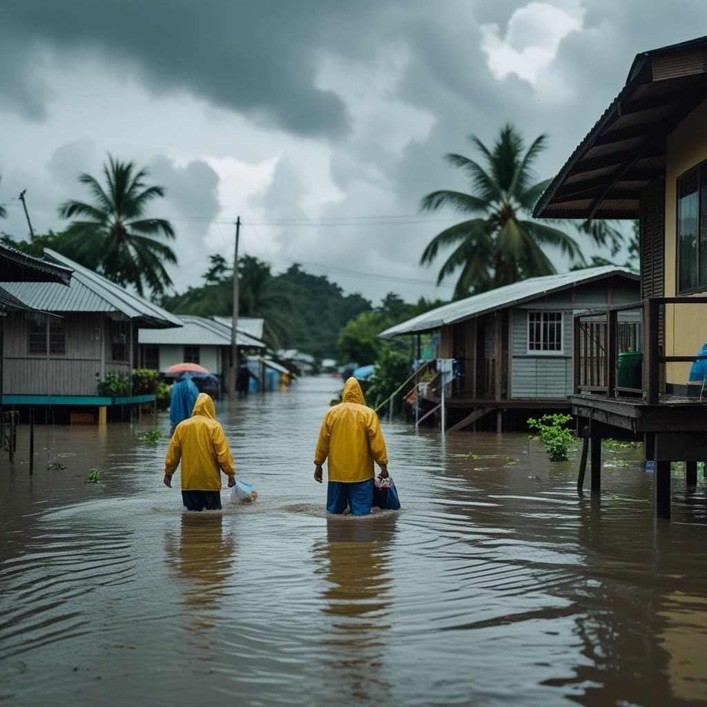 Residents walk through floodwaters in a rural Philippine village during heavy rains linked to the Philippines National Flood Advisory 2025