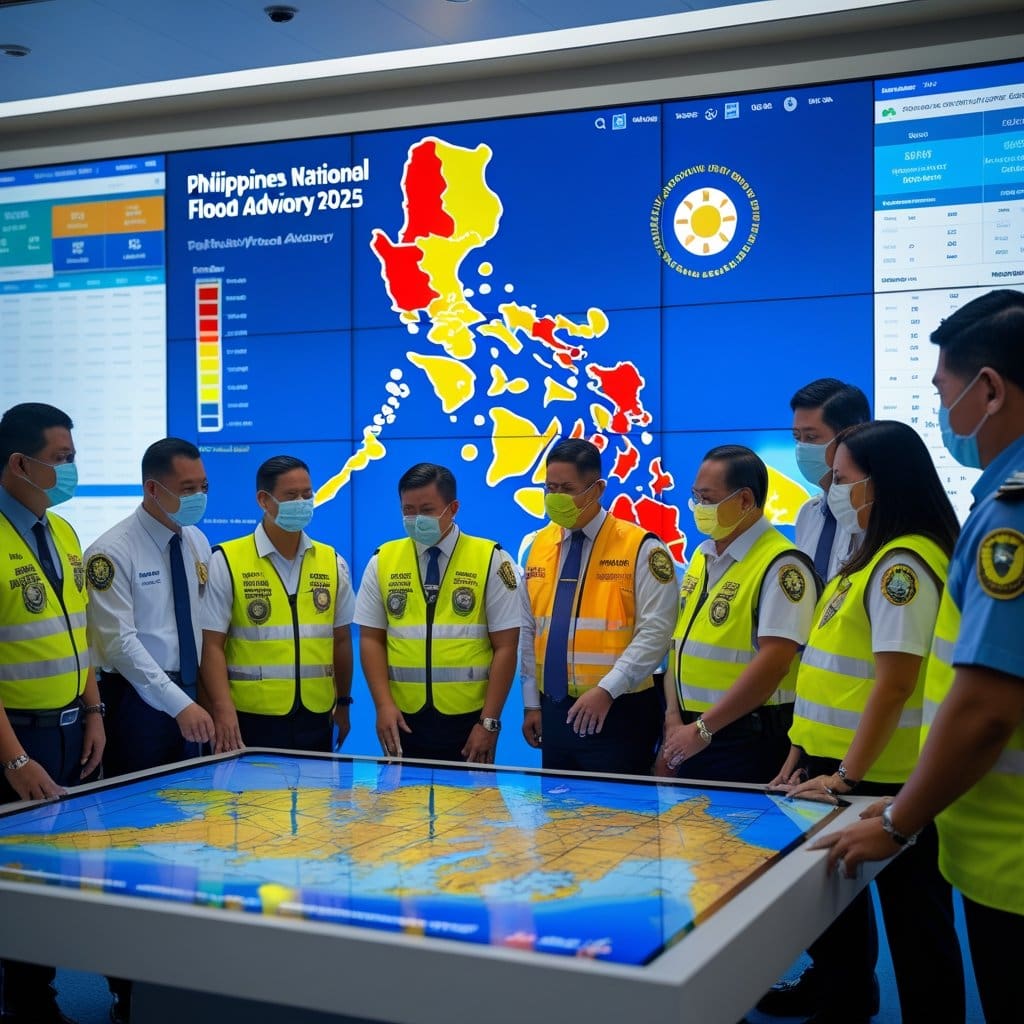"Philippine disaster response officials analyze flood risk map during Philippines National Flood Advisory 2025 briefing