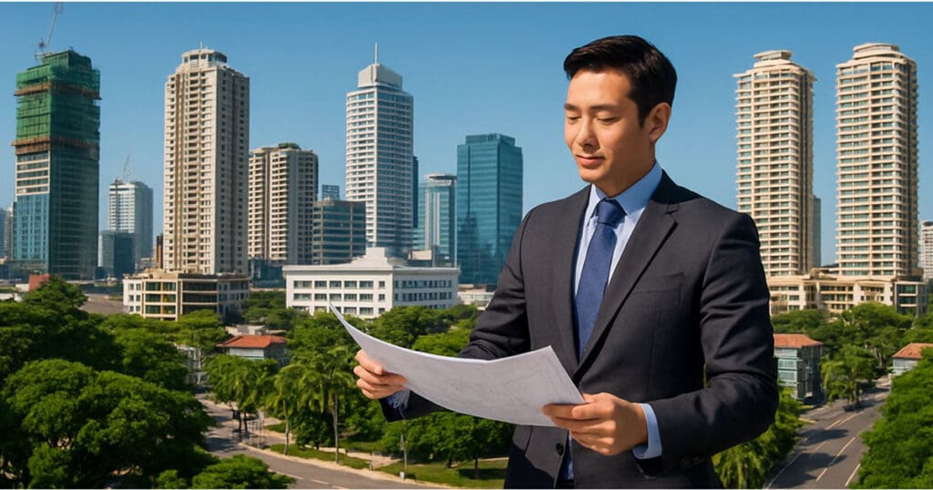 professional reviewing city development plans against Cebu’s skyline, representing 10 undeniable proofs Cebu real estate growth 2025 still leads the pack with booming construction and property investments.