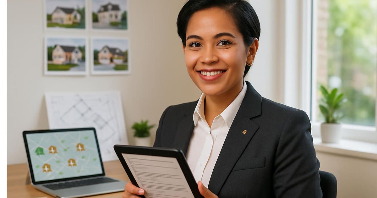 A real estate professional smiling while reviewing digital documents, representing the positive impact of the Real Estate Salesperson Registration Speed Act 2025 on the industry’s growth and efficiency.