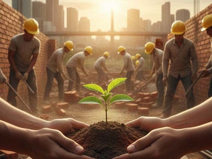 Construction workers rebuilding trust in Cebu real estate with compassion, symbolized by hands nurturing a young plant amid new building foundations and sunrise over the city.