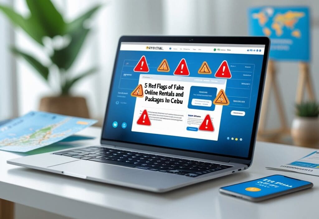 Laptop screen displaying 5 red flags of fake online rentals and packages in Cebu, highlighting scam warnings and safety tips for renters.