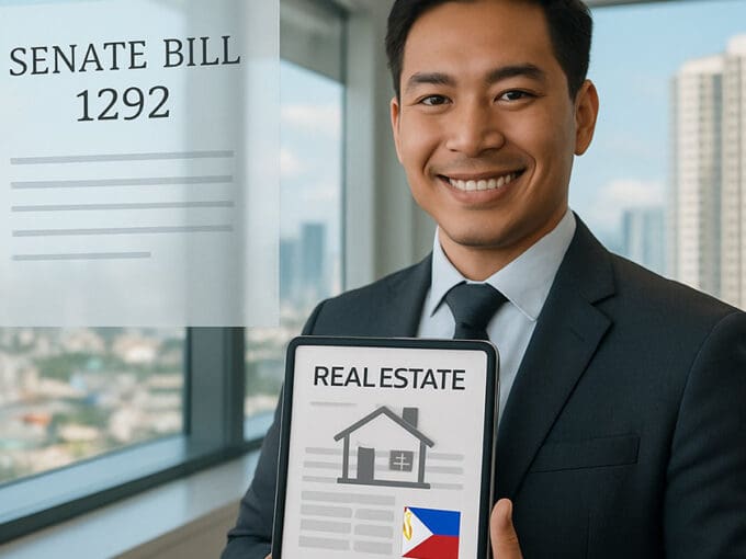 A smiling professional holding a tablet showing a real estate graphic with the Philippine flag, symbolizing Senate Bill 1292 under the Real Estate Salesperson Registration Speed Act 2025, aiming to fast-track real estate licensing nationwide