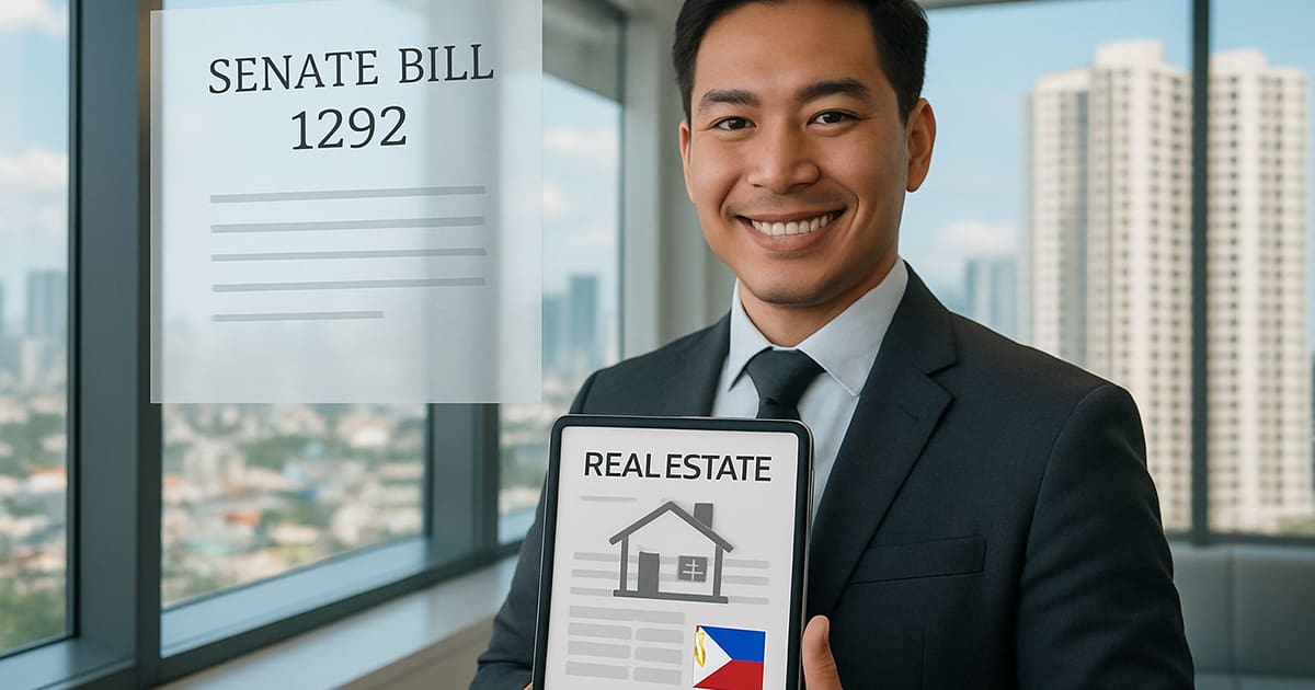 A smiling professional holding a tablet showing a real estate graphic with the Philippine flag, symbolizing Senate Bill 1292 under the Real Estate Salesperson Registration Speed Act 2025, aiming to fast-track real estate licensing nationwide