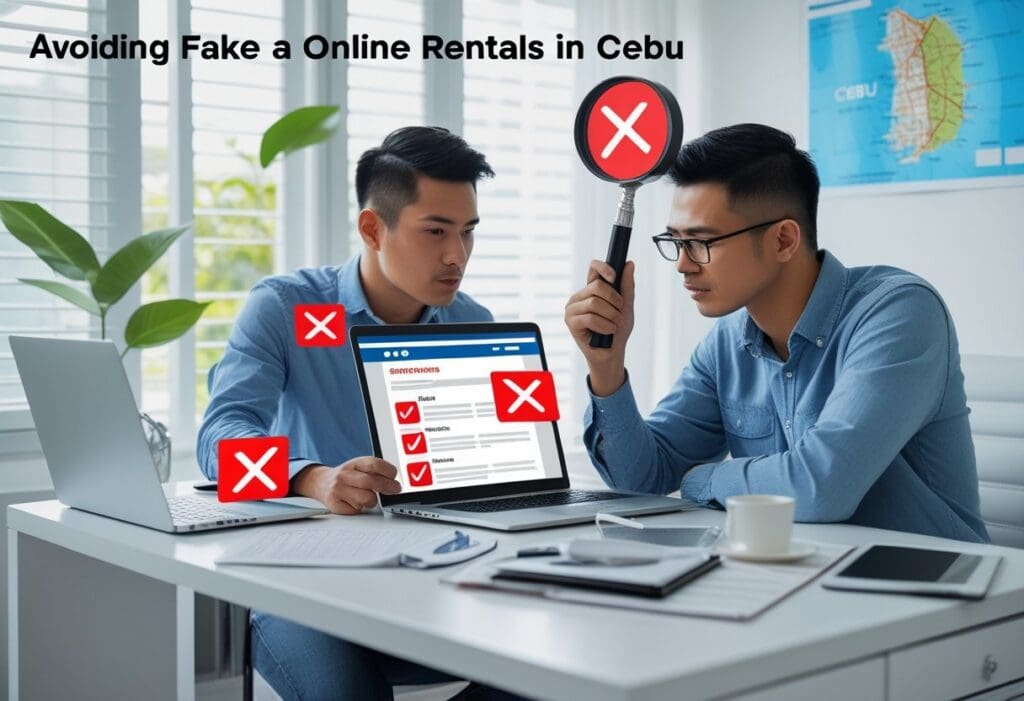 Two people learning how to avoid fake online rentals Cebu by checking scam listings on a laptop and phone, with a Philippine National Police emblem in the background.