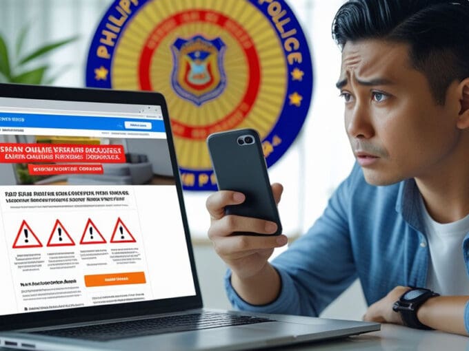 Man checking how to avoid fake online rentals Cebu on his laptop and phone, verifying listings with the Philippine National Police for safety.