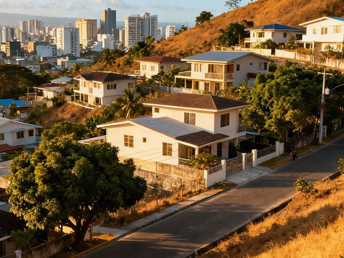 Elevated Cebu neighborhoods safe from typhoon floods overlooking the city skyline, showing hillside homes and green surroundings under warm sunlight.