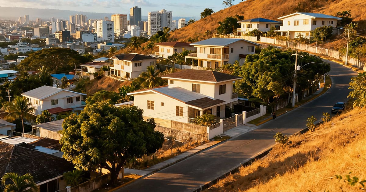 Elevated Cebu neighborhoods safe from typhoon floods overlooking the city skyline, showing hillside homes and green surroundings under warm sunlight.
