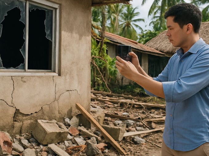Man taking photos of a damaged house with broken windows and debris to document property damage for insurance Cebu.