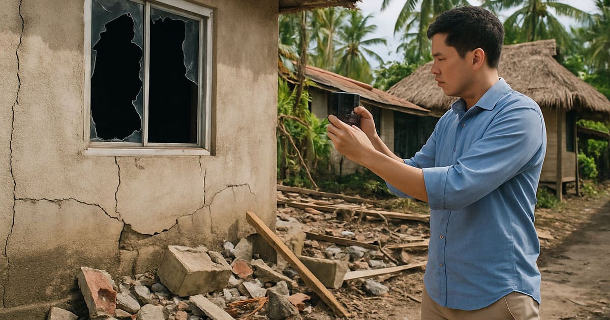 Man taking photos of a damaged house with broken windows and debris to document property damage for insurance Cebu.