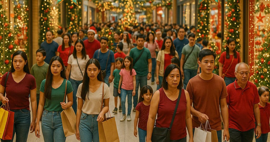 Filipino people walking in a very crowded holiday mall, highlighting the potential for scams and the goal of Holiday Watch PH 2025 scam prevention.