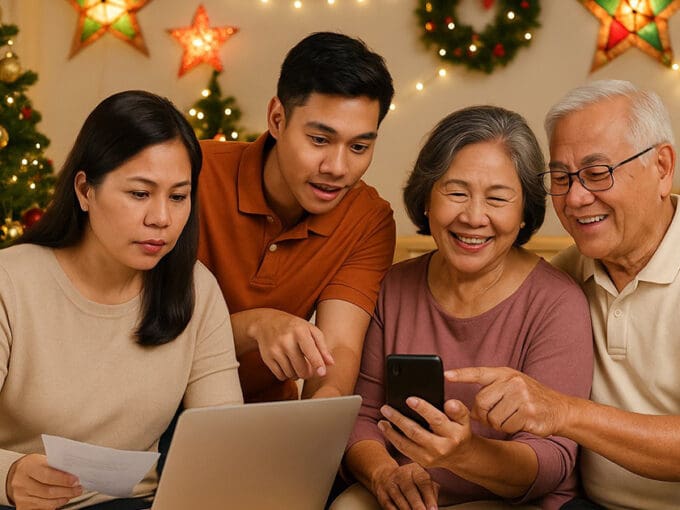 Family members reviewing information on devices during holiday season, emphasizing the need for Holiday Watch PH 2025 scam prevention.