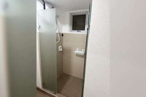 Bathroom with glass-enclosed shower