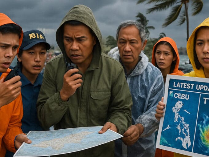 Typhoon Tino latest updates in Cebu 2025 with storm clouds over coastal buildings and weather map tracking the typhoon’s path toward Cebu