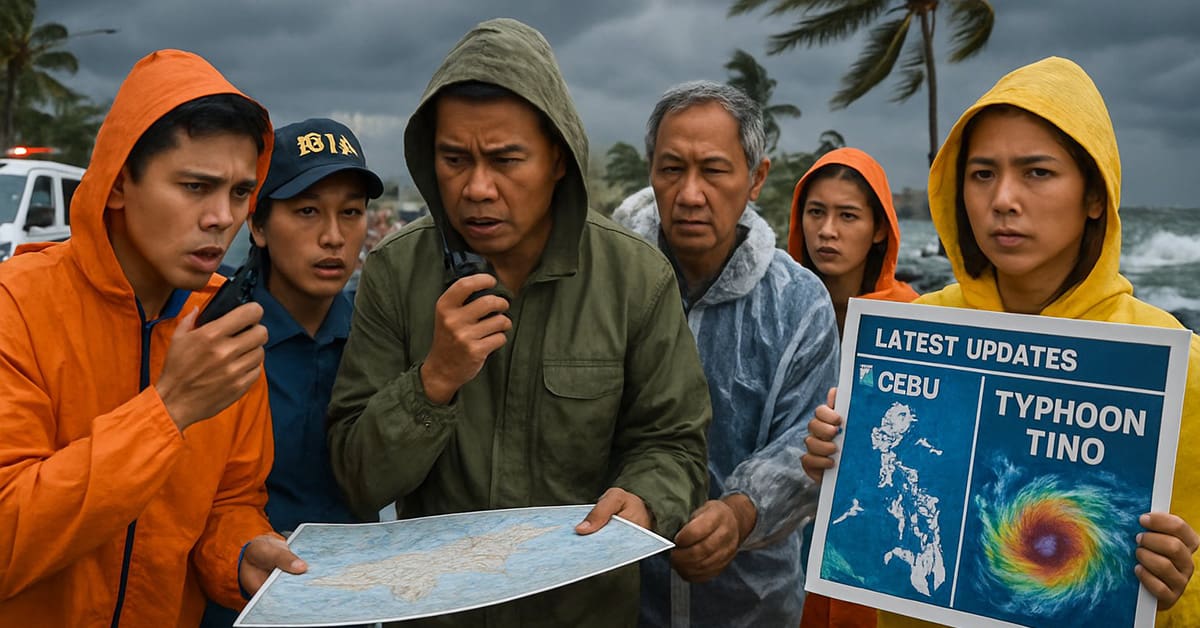 Typhoon Tino latest updates in Cebu 2025 with storm clouds over coastal buildings and weather map tracking the typhoon’s path toward Cebu